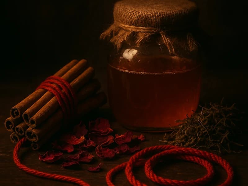 Ingredientes tradicionales de un amarre de amor: canela, miel y hierbas sobre una mesa de madera
