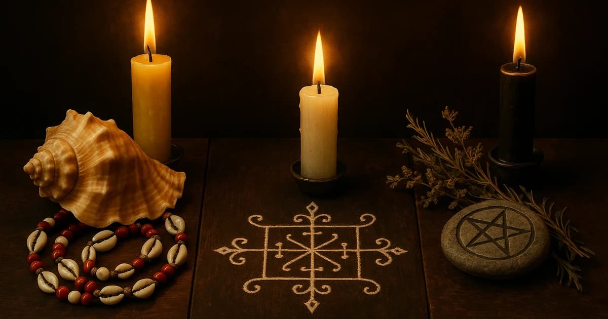 Tres altares simbólicos de santería, vudú y brujería en composición comparativa