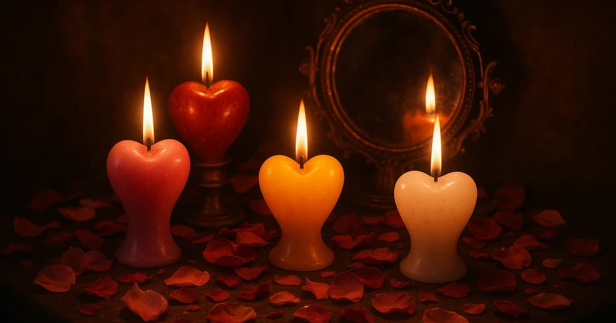 Composición de velas de amor de varios colores sobre un altar místico