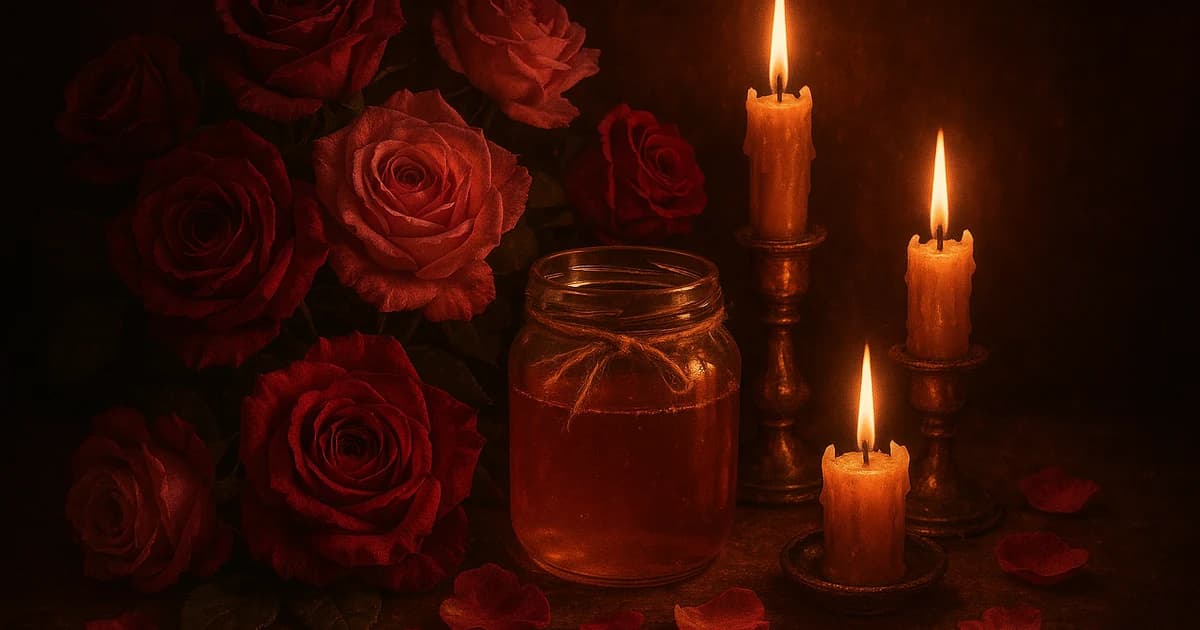 Hechizos de amor: rosas rojas y miel sobre un altar místico iluminado por velas