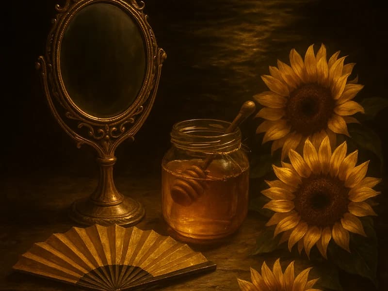 Símbolos de Oshún: espejo, abanico, miel y agua del río en un altar dorado