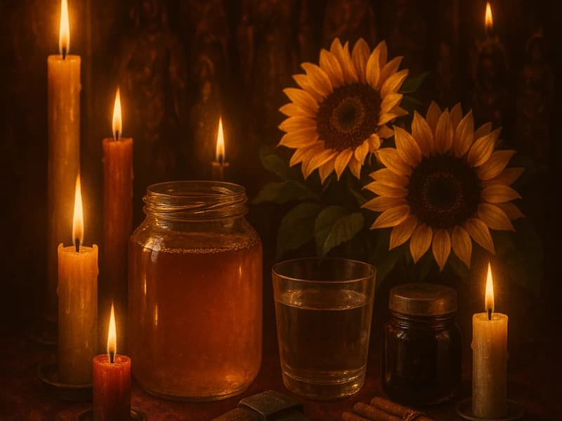 Altar de santería con ofrendas variadas a los Orishas principales