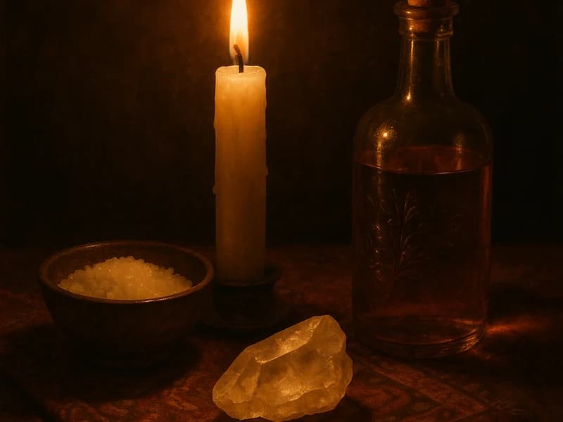 Altar doméstico de protección con velas blancas, sal marina y cuarzo