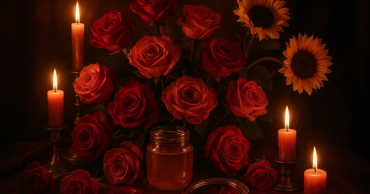 Altar de amor con rosas, miel y velas rosas en una composición mística