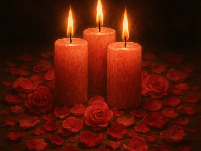 Velas rosas encendidas sobre un altar de amor con pétalos de rosa